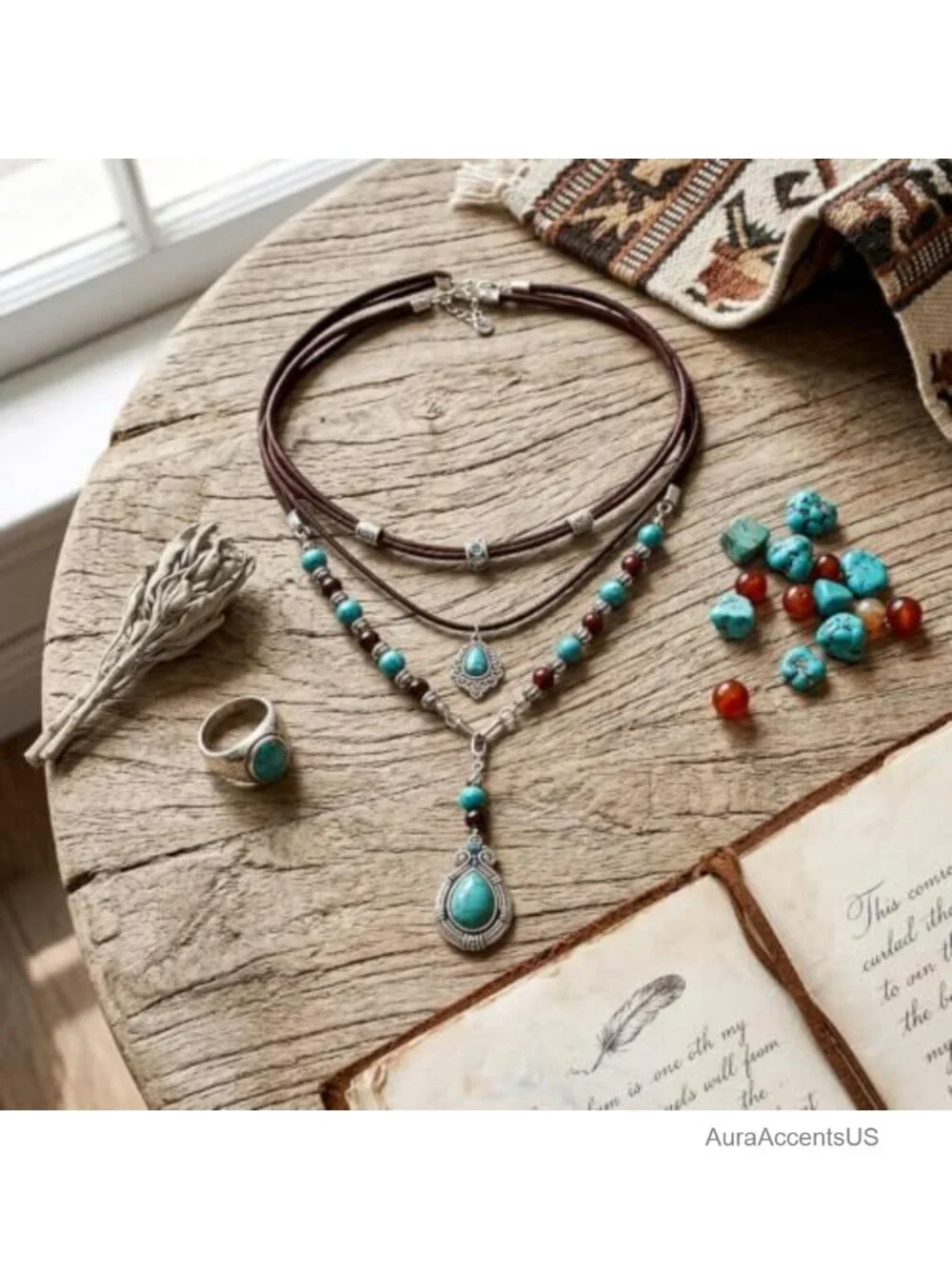 Layered Turquoise Beaded Choker Necklace Boho Cowgirl Pendant PU Leather